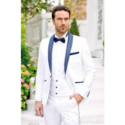Fashionable One Button White Groom Tuxedos Shawl Lapel Groomsmen Men Blazers 3 pieces Suits (Jacket+Pants+Vest+Tie) NO:256
