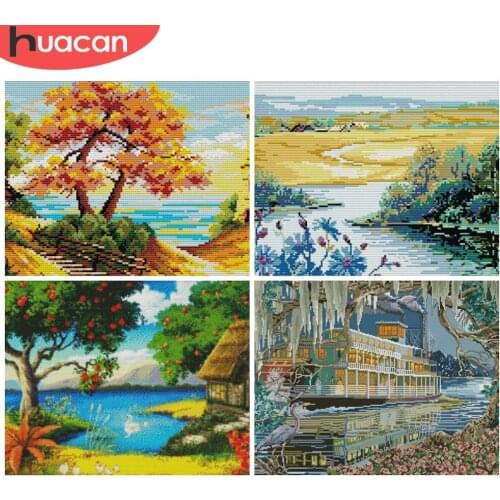 HUACAN Embroidery Landscape Sets Cross Stitch Seascape Needlework 11CT 14CT DIY Gift Kits White Canvas Home Decoration