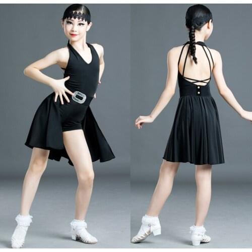 New Black Dress Girls Latin Dance Dress Belt Suit Summer Dancing Bodysuit Training Clothes Rumba/Tango/Cha Cha Show Outfits 838