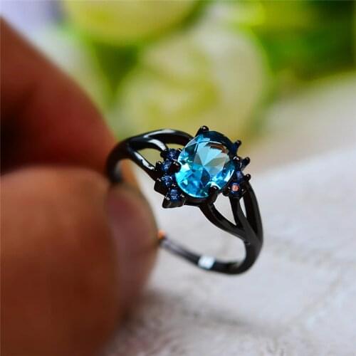 Charm Female Light Blue Stone Ring Luxury Big Black Gold Engagement Ring Fashion Vintage Solitaire Wedding Rings For Women