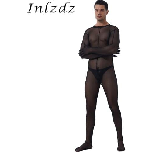 Sexy Mens Nightclub Stage Performance Clubwear See-through Mesh Bodystocking Zipper Crotch Full Bodysuit Sheer Skinny Jumpsuits