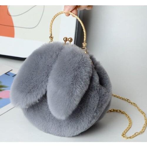 Gray Faux Fur Bag Women Winter Chains Rabbit Shaped Girls Princess Trendy Furry Plush Crossbody Bags Casual Soft Ins Girl Bag