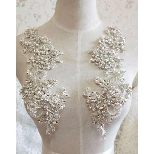 Gorgeous Rhinestone Crystal Applique Pair For Bridal Accessories Wedding Dress Sash Haute Couture Costume Embellishment