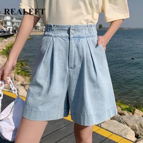 REALEFT 2021 New Summer Vintage High Waist Womens Denim Shorts Trousers Chic Loose Wide Leg Jeans Half Pants Female