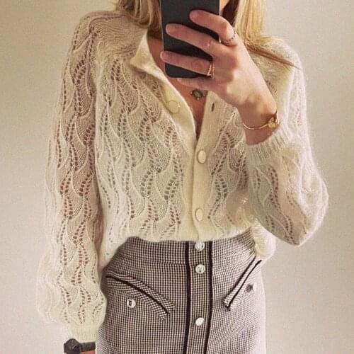 Mohair Knitwear Gilet Hollow Out Woman Long Sleeve Round Neck Elegant Cardigan Ladies Winter Casual Chic Vintage Sweater Jumper