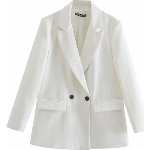Women Solid White ​Double Breasted Long Sleeve Turn-down Collar Slim Coat Female Office Lady Blazers Ladies Streetwear Coat