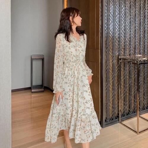 Spring Autumn French Womens Party Chic Chiffon Boho Beach Slim Long Unif Dress Vintage Elegant Korea Clothing Ladies Dresses