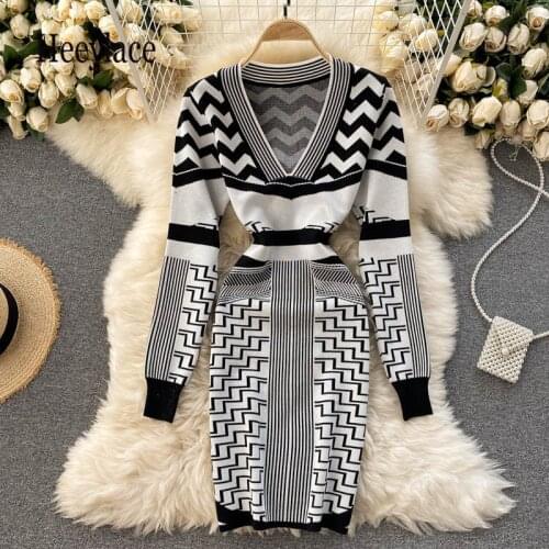 Ins Fashion Colors Knitted Sweater Dress Women 2021 Autumn Winter Sexy Deep V-neck Stretchy Bodycon Dress Ladies Dress