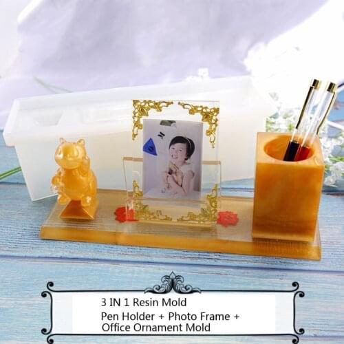 3 in 1 Multifunctional Pen Holder Photo Frame Resin Molds Home Office Ornaments X7YC