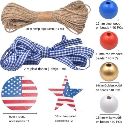 Patriotic Independence Day Wood Bead Garland with American Flag Farmhouse Rustic Bead for 4th of July Memorial Day Decor
