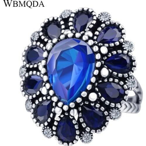 Fashion Blue Purple Crystal Flower Ring Silver Color Big Wedding Rings For Women Vintage Accessories Bohemian Jewelry
