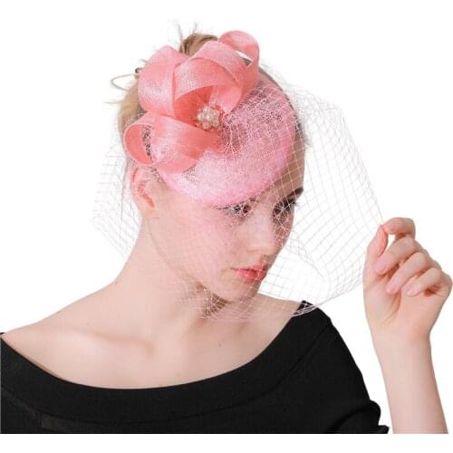 Fashion pink Floral Hair Accessories Women Elegant Veil Feather Hat Wedding Party Bride Hair Clip Fedoras For Ladies Bowler Hat