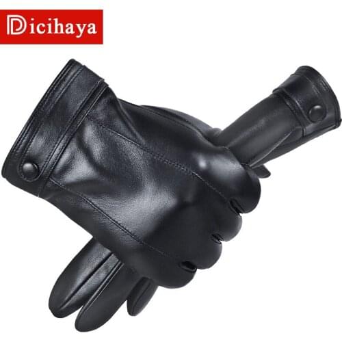DICIHAYA Autumn And Winter Mens Lambskin Genuine Leather Gloves Males Thickened Plus Velvet Touch Screen Windproof And Warm