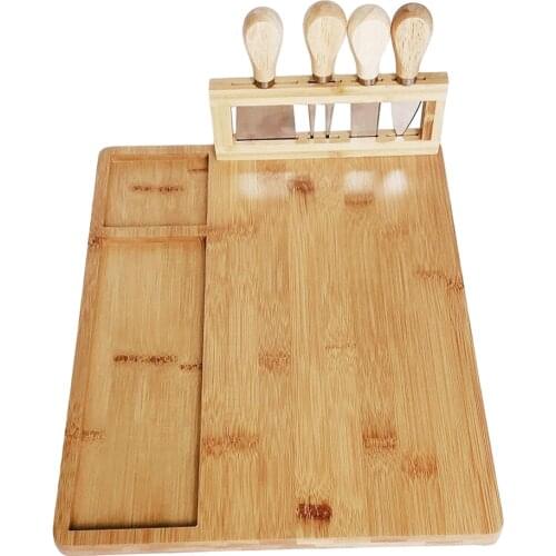Natural Bamboo Cheese Board Set Serving Tray for Wine, Crackers, Charcuterie Snack Food Appetizers Fruit