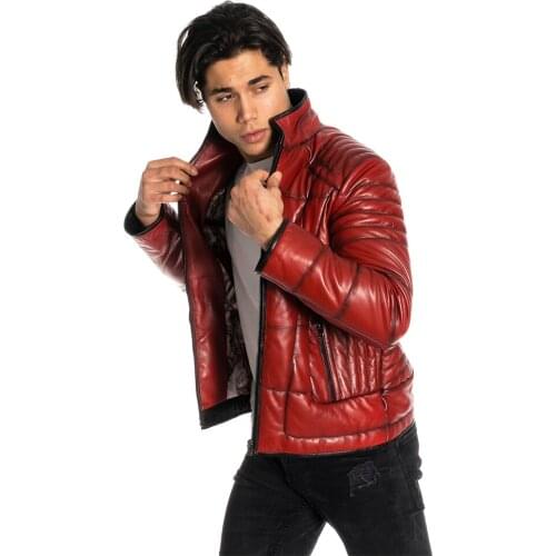 Genuine Soft Lambskin Leather Jacket Handmade Man Brown Puffer Biker Motorcycle Style Bomber Real Fur Down Coats Custom Product