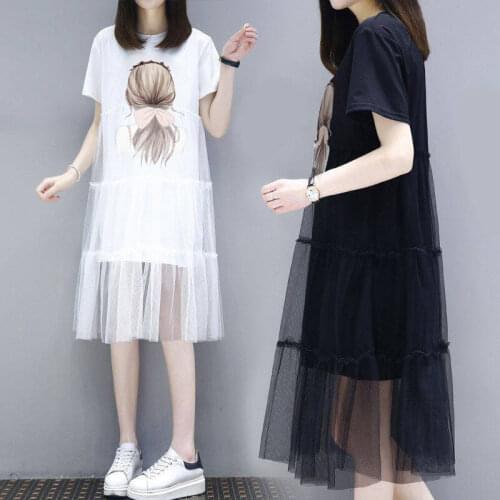 2020 New Summer Women Chic Printed Mesh Patchwork Dresses Ladies Cotton Fake Two Piece Plus Size 100kg Wear Dresses Vestidos T29