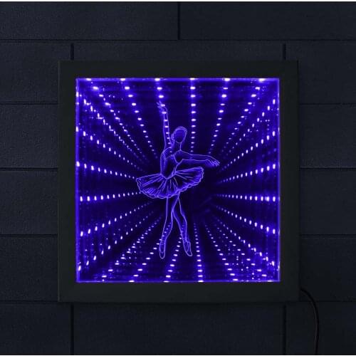 Ballerina Girls Decor Charming Infinity Mirror Ballet Dancer Sport Dancing Girls Stunning Optical Illusion Wood Frame Wall Light
