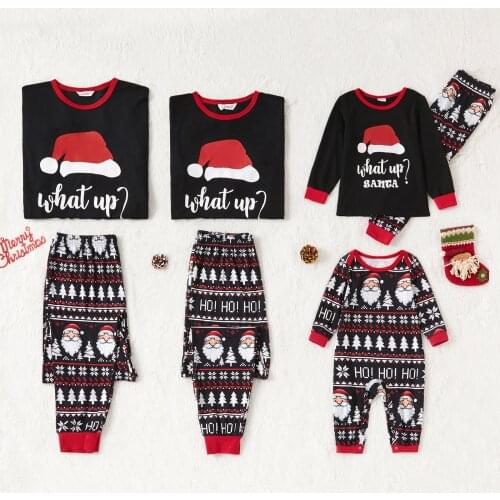 PatPat Christmas Hat and Letter Print Black Family Matching Long-sleeve Pajamas Sets (Flame Resistant)