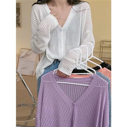 Hollow Top Summer 2021 New Lazy Wind V-neck Loose Thin Sunscreen Long Sleeve Knitted Cardigan Womens Wear