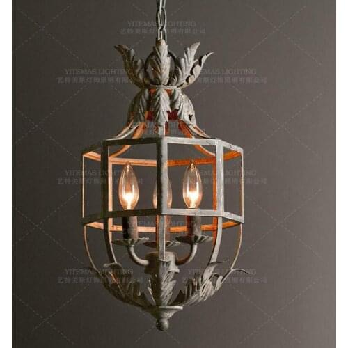 Retro white hanging chandelier lights vintage Grey Metal Cage lantern chandelier lighting fixtures for bedroom kitchen nursery