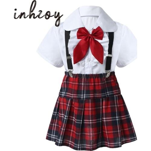 Kids Girls Choir Costumes Dance Stage Performance Suit Student School Uniforms Short Sleeve Shirt Tops Suspenders Plaid Skirt