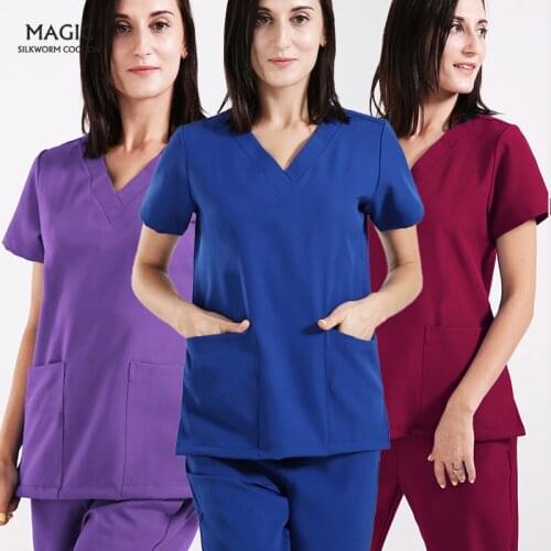 Short Sleeved Scrubs Women Uniform V-neck Sets Work Uniforms Solid Scrubs Blouse Nurse Accessories Top Selling Pet Nurse Uniform