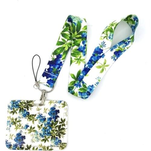 Blue Green Flowers Anime Lanyard Badge Holder ID Card Lanyards Mobile Phone Rope Key Lanyard Neck Straps Keychain Key Ring