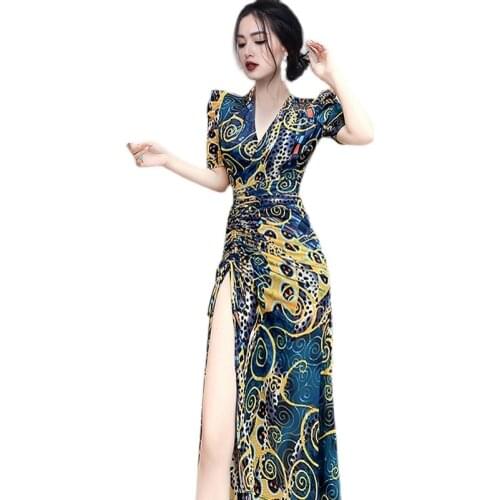 Sexy elegant print maxi dress one piece korean ladies summer cabaret party robe formal Dresses for women