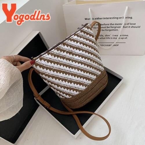 Yogodlns Summer Straw Bag For Women Handmade Woven Bucket Bag Vintage Crossbody Bag Travel Girls Beach Bag Rattan Shoulder Bag