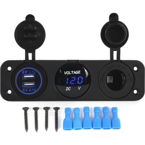 Dual USB Socket Charger 2.1A+2.1A 12V Cigarette Lighter LED Voltmeter 3 in 1 Charger Panel for Car Motocycle Boat Marine Truck