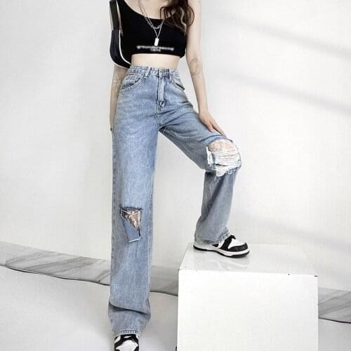 2021 Female Ripped Jeans Adults Lace Trim High Waist Trousers Long Pants for Spring Fall Blue S/M/L
