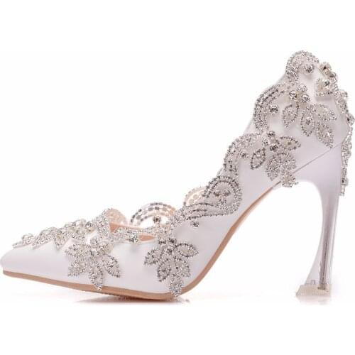 Womens Rhinestones Crystal Lace Stilettos High Clear Heel Bridal Wedding White Princess Pointed Toe Pumps Shoes DIY New 2021