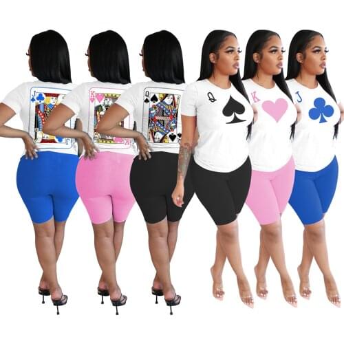 Womens 2 Piece Outfits Shorts Sets T-Shirt + Shorts Tracksuit Jumpsuit Romper Summer 2021 Poker Design
