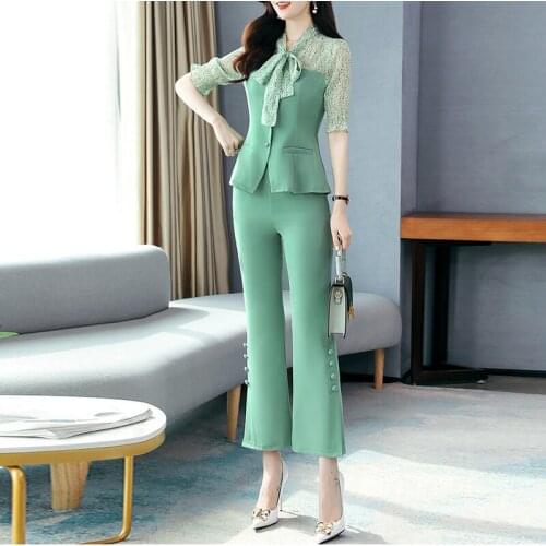 Elegant Bow Floral Patchwork Two-pieces Women Summer Set Casual Streetwear Shirt Pants Suits Chic Office Ladies Flare Pant