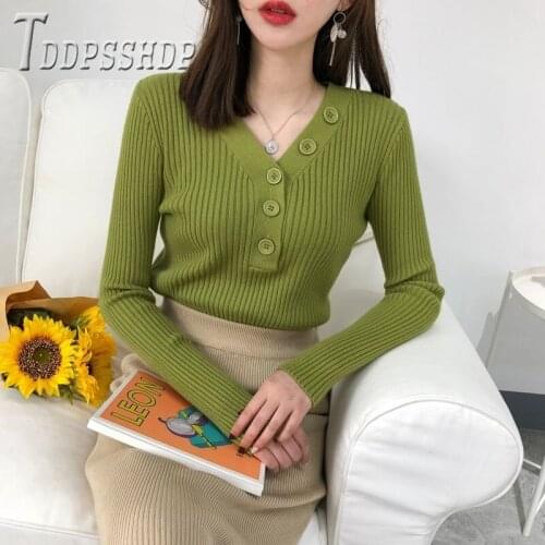 2019 New V Neck Button Decor Women Sweater Long Sleeve Slim Knitting Female Sweaters