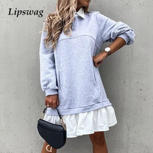 Women Elegant Turn-down Collar Button Mini Dress 2020 Autumn Long Sleeve Ruffles Dress Ladies Casual Solid Color Pocket Dresses