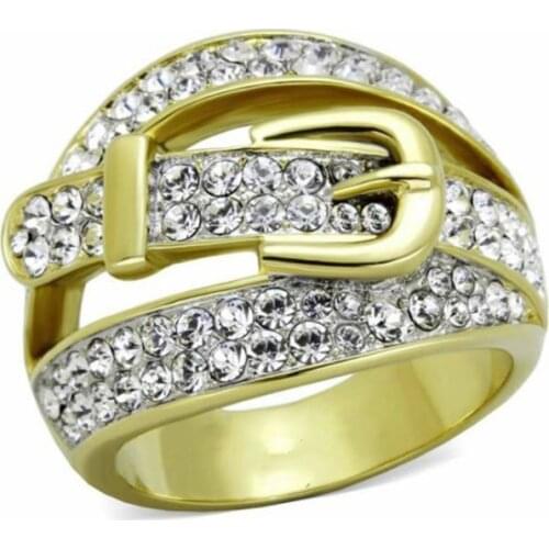 2019 New Luxury Gold Color Belt Shape Band Ring Pave Crystal Zircon Stone Fashion Jewelry for Women Party Valentines Day Gift