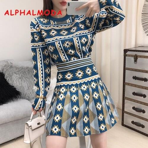 ALPHALMODA 2019 New Autumn Winter Bright Shining Geometric Pattern Knitted Long-sleeved Sweater + A-line Skirt Women Fashion Set