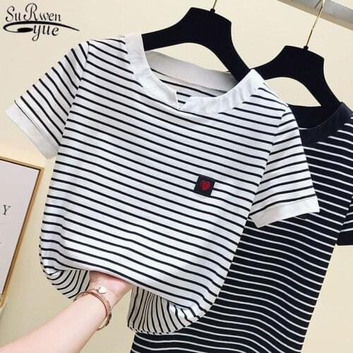 2021 New White Striped Short Sleeve T-shirt Female Top Korean Slim Simple Half Sleeve V-neck T-shirt Cotton Shirt 13629