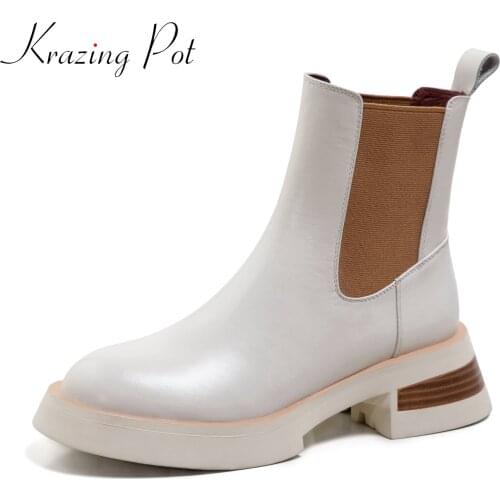 Krazing pot genuine leather 2021 high quality round toe short boots thick med heels winter platform preppy style ankle boots l76