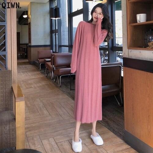 One-Piece Sweater Dress Women Fashion 2020 Autumn Long Sleeve Knitted Dress Woman Korean Office Pullover Dress Lady Midi Dresses