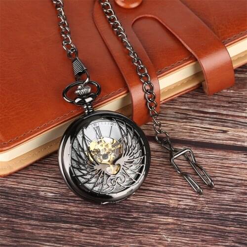 Exquisite Wings Hollow Mechanical Hand Winding Pocket Watch Black Roman Numerals Display Luxury Pendant Timepiece with Fob Chain