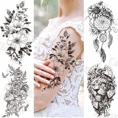 Black Sweatpea Temporary Tattoos For Women Adult Dream Catcher Lion Cat Bird Realistic Fake Tattoo Body Art Half Sleeve Tatoos