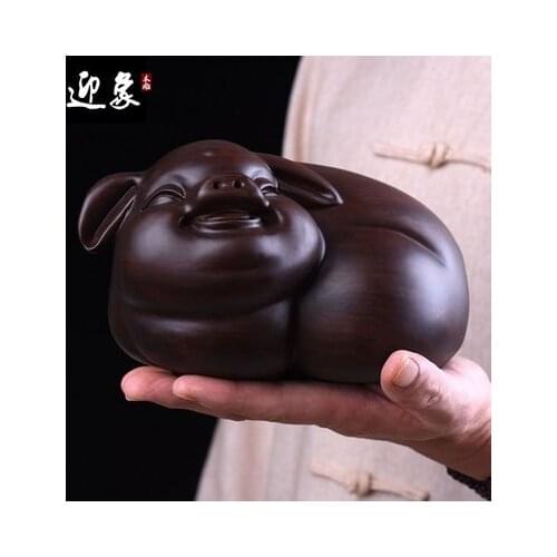 Black sandalwood carving to attract wealth pig artefacts real wood zodiac rosewood household furni crafts sculpture statues Home