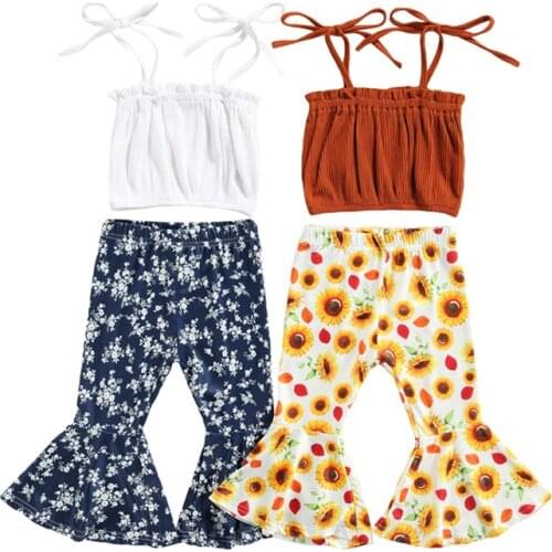Childrens Clothes Girl’s Camisole and Trousers Suit Solid Color Suspender Tops and Printing Trumpet Pants Clothing Set Outfit