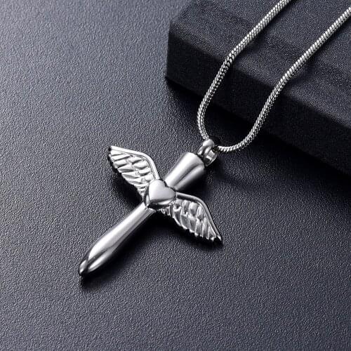 LKJ12240 Custom Engraving Wing & Cross Shape Pet Cremation Urn Necklace Ashes Memorial