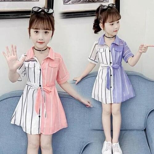 Fashion Patchwork Girls Shirt Dress Childrens Clothing Kids Dresses for Girls Summer 2021 Striped Princess Prom Dress Vestido