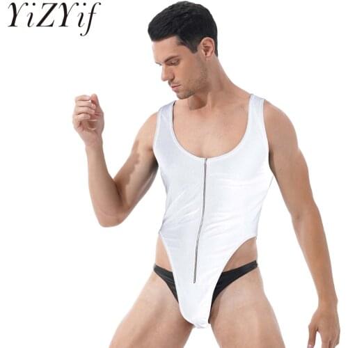 Men Male Body Suit Sleeveless Zipper Front Bodysuit Nightwear Casual U Neck High Cut Jumpsuits Sport Fitness Leotard Clubwear