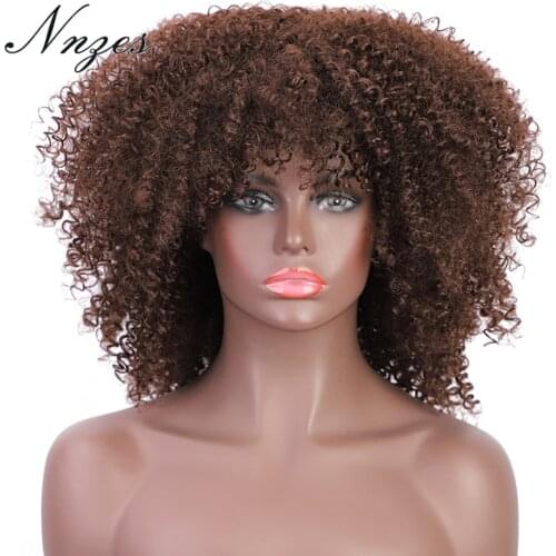 NNZES Short Brown Afro Kinky Curly Wigs With Bangs Synthetic Wigs for Black Women African High Temperature fiber