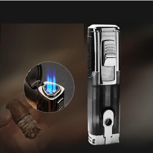 Honest new metal inflatable three straight flame boutique blue fire multifunctional lighter